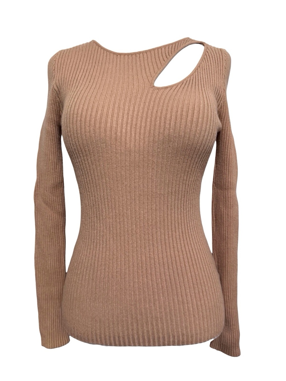 Zesica Ribbed Long Sleeve Sweater Cutout Crewneck in Camel Size Small